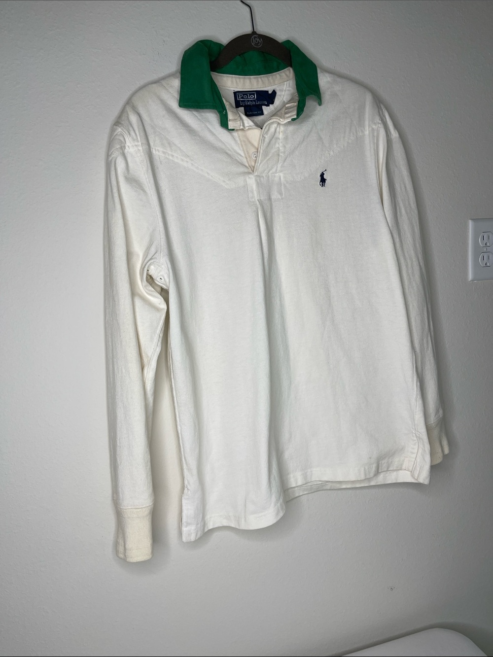 Polo Ralph Lauren Polo Shirt Mens M Off White/Green Solid Custom Fit Long Sleeve